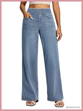 Wide Leg Pull On Jeans for Women High Waisted Stretchy Denim 4 Pockets
